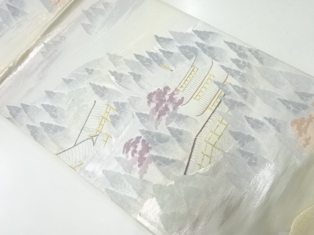 アンティーク　寺院風景模様織出し袋帯（材料）